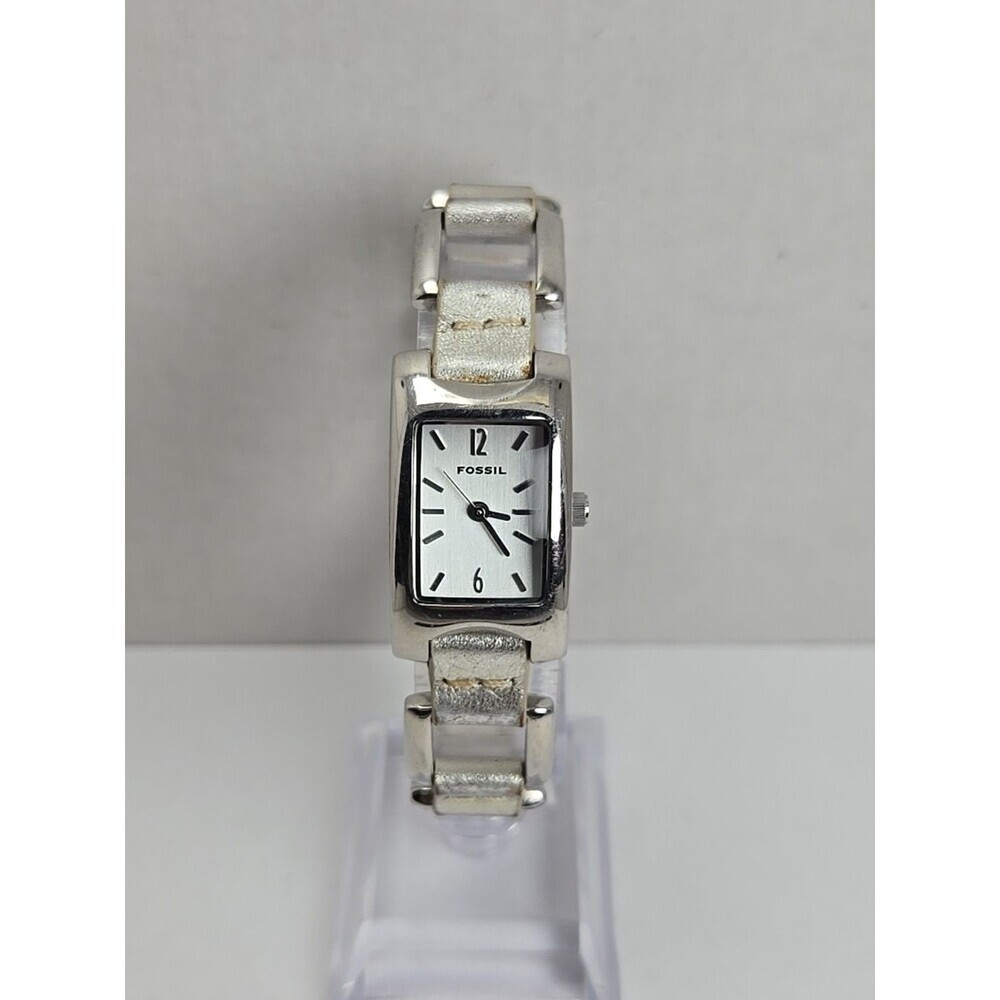 Fossil F2 ES1401 Womens Silver Link Leather Tank Watch New Battery Quartz Y2K